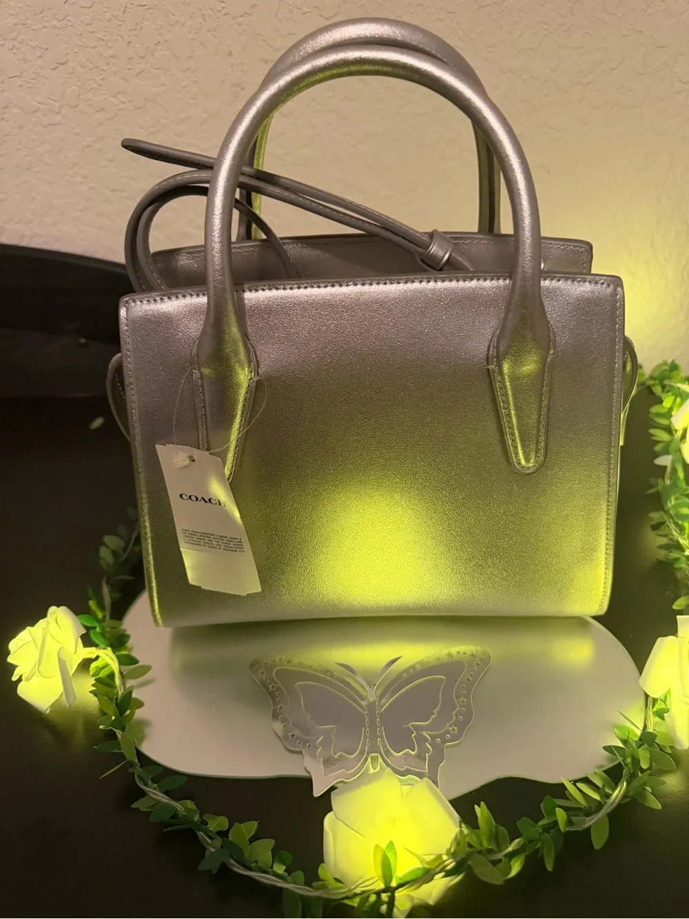 COACH Andrea Metallic Silver Mini Satchel with Star Charm NWT